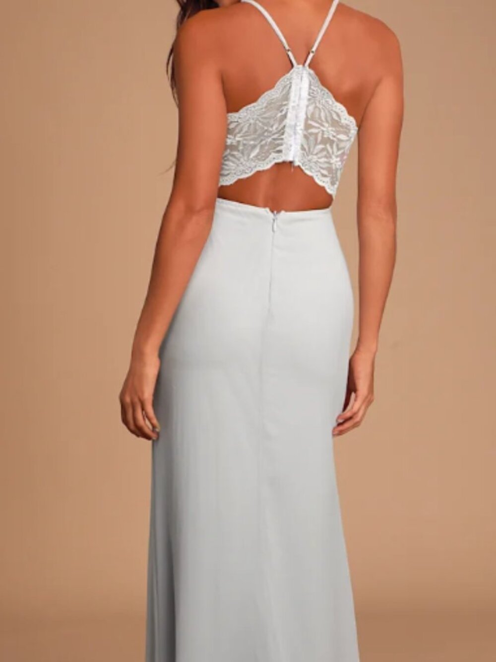 NTW Lulus Light Grey Lace open back formal maxi dress size S wedding bridal